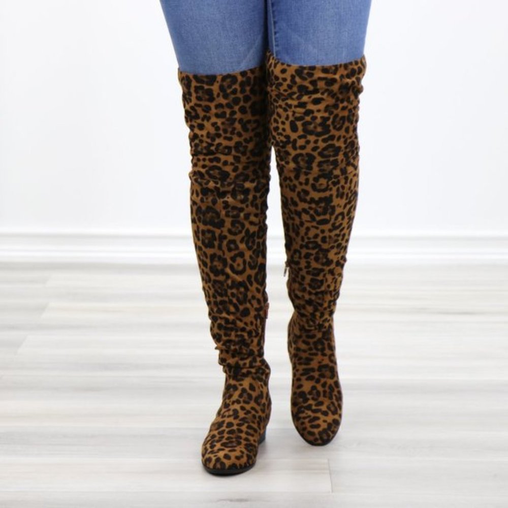 Leopard Suede Thigh High Flat Boot Lace Up Back - Picture 4 of 14